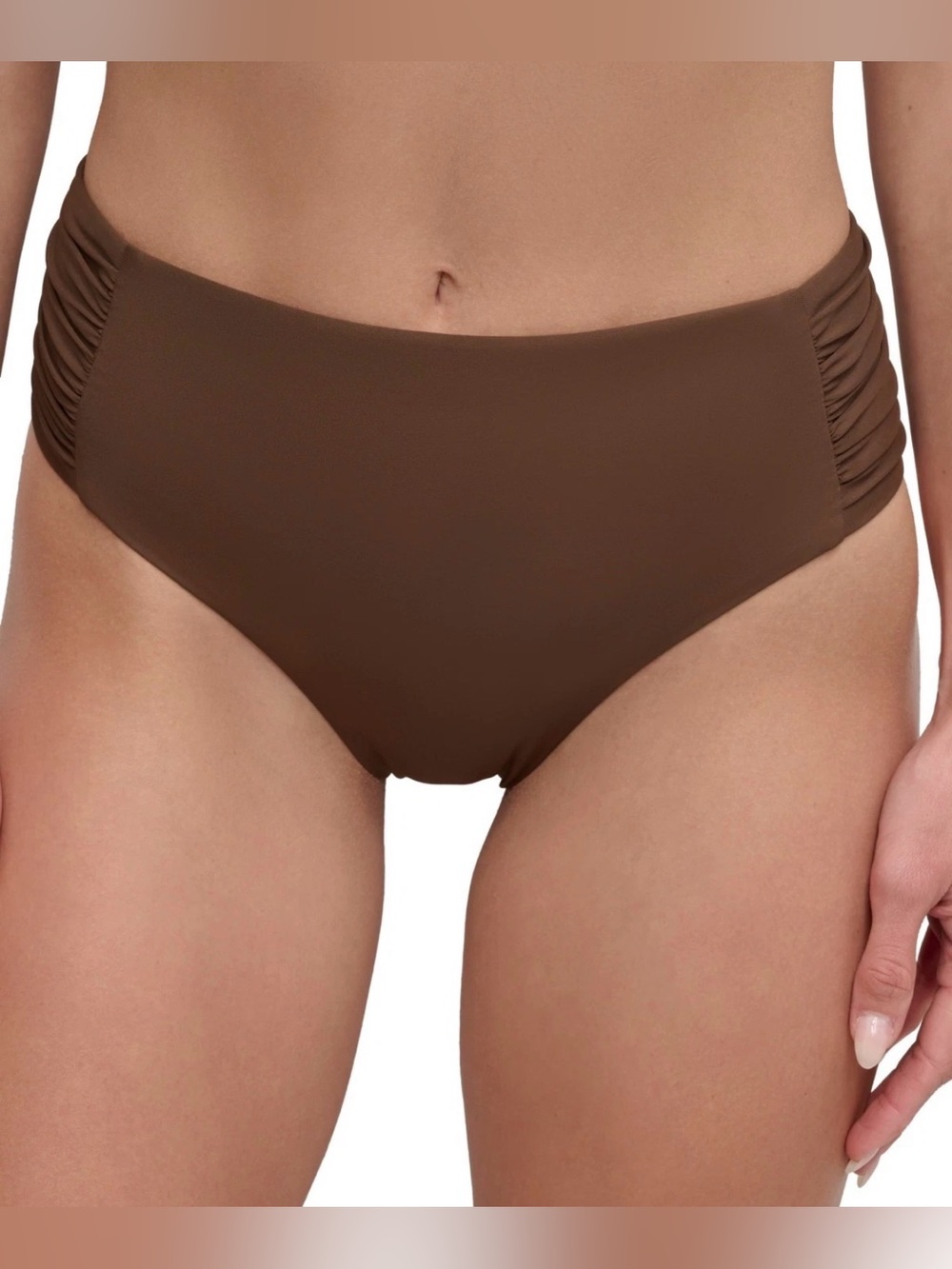 DKNY Women’s High-Waist Side-Shirred Bikini Bottoms Mocha L